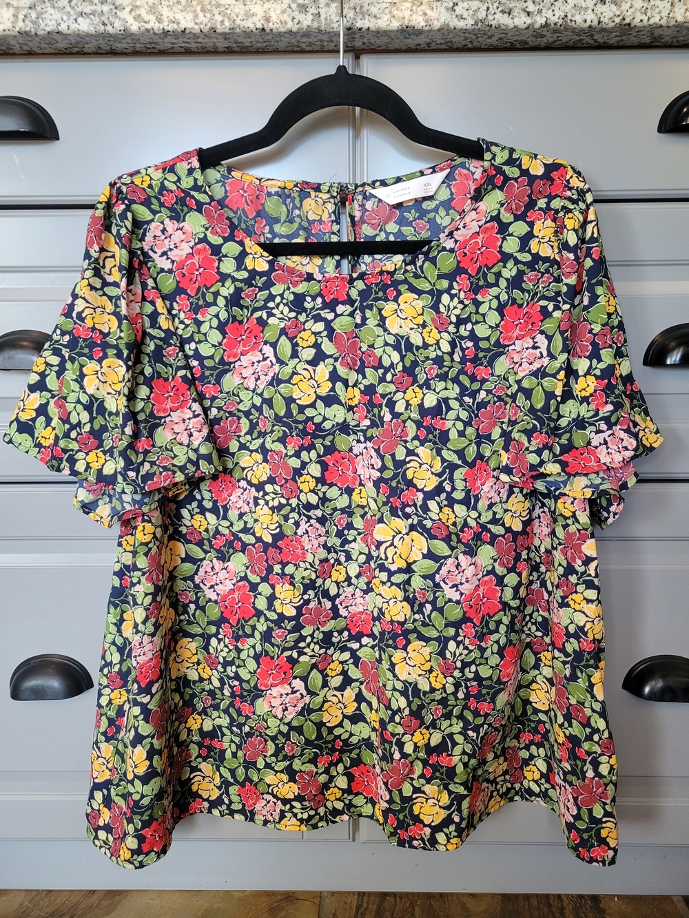 LC Lauren Conrad Navy Blouse with Pink & Yellow Floral Print
